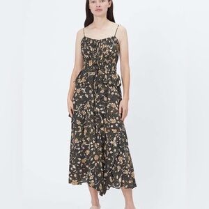 Ulla Johnson Livinia Olive Green & Mustard Floral Midi Dress